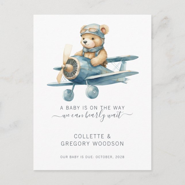 Carte Postale Faire-part We Can Bearly Wait Baby Bear In Biplane Pregnancy  (Devant)