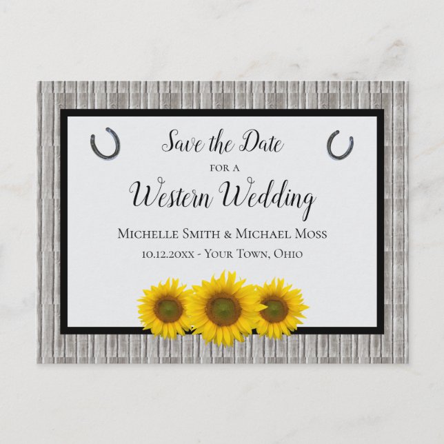 Carte Postale Faire-part Western Mariage Sunflower Horseshoe Enregistrer la (Devant)