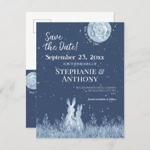 Carte Postale Faire-part Whimsical Blue Rabbit Bunny Moon Stars Mariage
