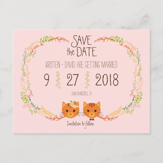 Carte Postale Faire-part Whimsical Forest Cats Blush Wedding Enregistrer la (Devant)