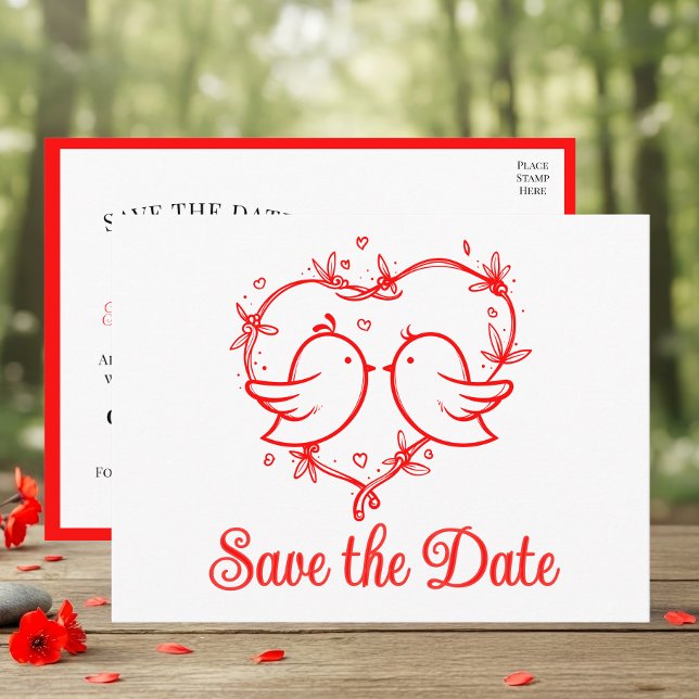Carte Postale Faire-part Whimsical Lovebirds Boho Red Wedding Save the Date (Créateur téléchargé)