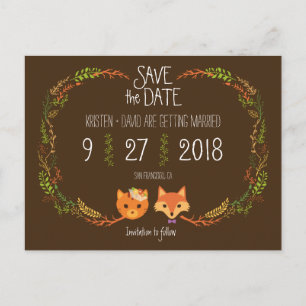 Carte Postale Faire-part Whimsical Woodland Chat & Fox mariage Enregistrer 