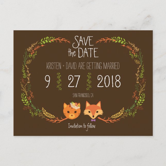 Carte Postale Faire-part Whimsical Woodland Chat & Fox mariage Enregistrer  (Devant)