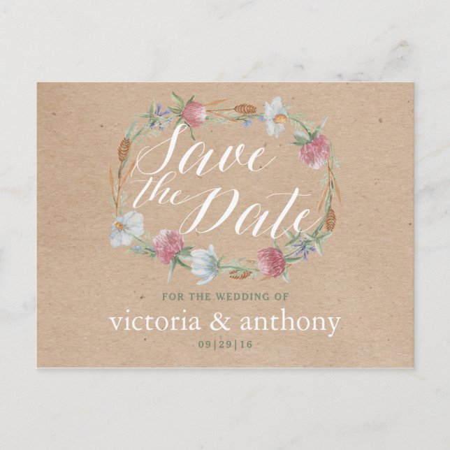 Carte Postale Faire-part Wreath fleur sauvage Sur Kraft Pays Enregistrer La (Devant)