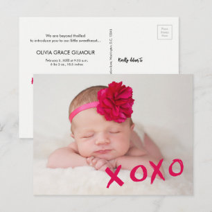 Carte Postale Faire-part XOXO Valentine's Baby Girl Photo personnalisée éta