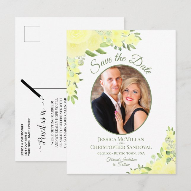 Carte Postale Faire-part Yellow Roses Oval Photo Boho Wedding Enregistrer l (Devant / Derrière)