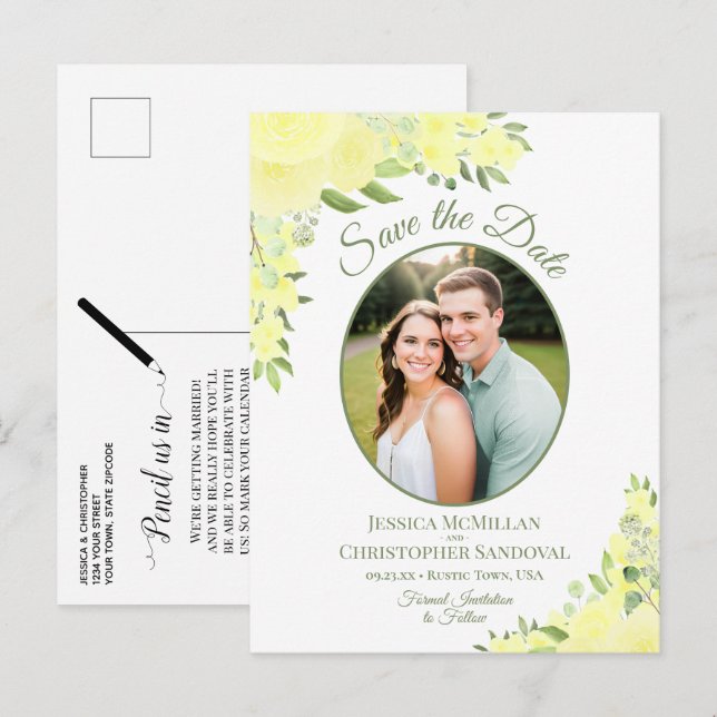 Carte Postale Faire-part Yellow Roses Oval Photo Boho Wedding Enregistrer l (Devant / Derrière)