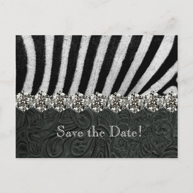 Carte Postale Faire-part Zebra Rhinestone cuir noir Enregistrer la date (Devant)