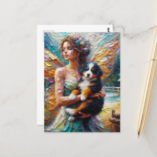 Carte Postale Fairy and her Bernese Mountain Dog Puppy