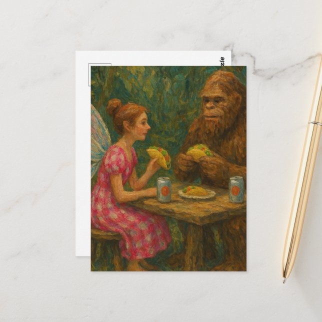 Carte Postale Fairy and Sasquatch Mangent des Tacos (Devant/Arrière en situation)