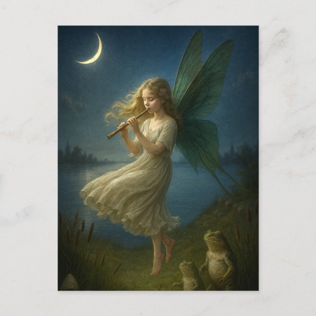 Carte Postale Fairy Girl Playing A Flute To Frogs In Moonlight (Devant)