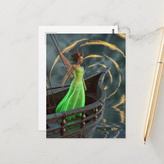 Carte Postale Fairy in Green Dress on a Boat with Red Horns (Devant/Arrière en situation)