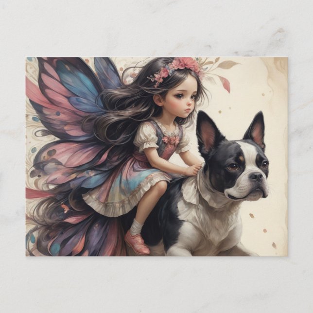 Carte Postale Fairy Riding a Boston Terrier Imaginaire (Devant)