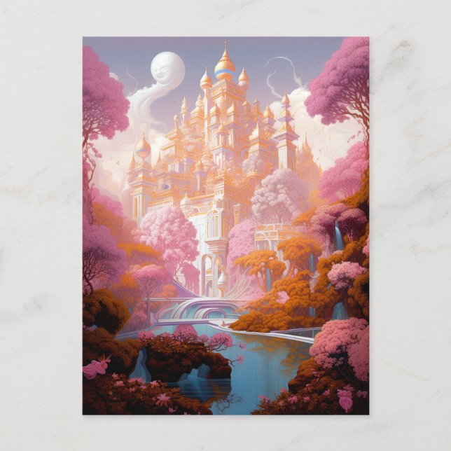 Carte Postale Fairy Tale Castle Rose White Gold Imaginaire Art (Devant)
