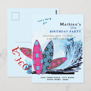Carte Postale Faisons une fête d'anniversaire de surf sur planch
