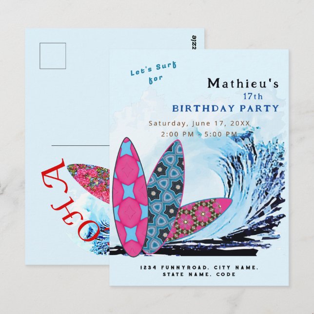 Carte Postale Faisons une fête d'anniversaire de surf sur planch (Devant / Derrière)