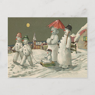 Carte Postale Famille de bonhomme de neige d'hiver jouant à l'ég
