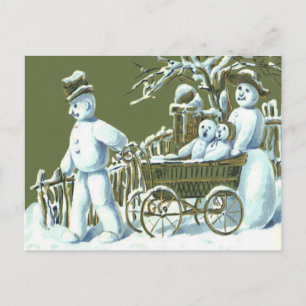 Carte Postale Famille de bonhomme de neige marche promenade neig