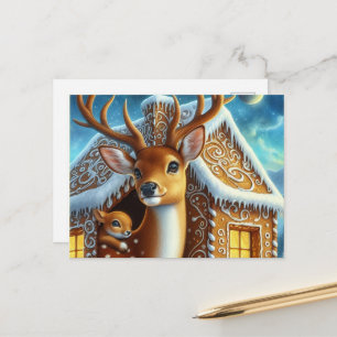 Carte Postale Famille de cerfs d'hiver dans une maison en pain d