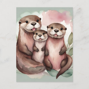 Carte Postale Famille de loutres aquarelle adorable