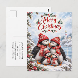 Carte Postale Famille de Macareux Noël Art Traditionnel des Fête