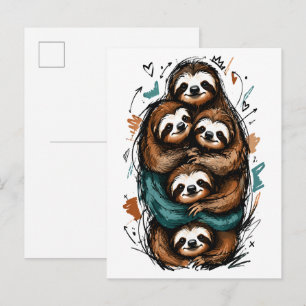 Carte Postale Famille de paresseux mignonne empilée – Dessin hum