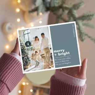 Carte Postale Famille de photos de Noël   Joyeux + Bleu