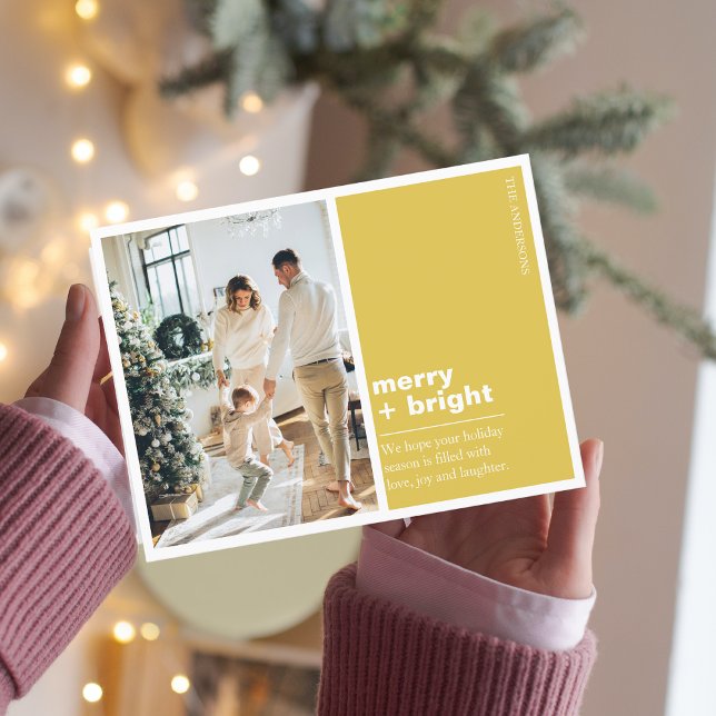 Carte Postale Famille de photos de Noël | Joyeux + Jaune clair (Créateur téléchargé)