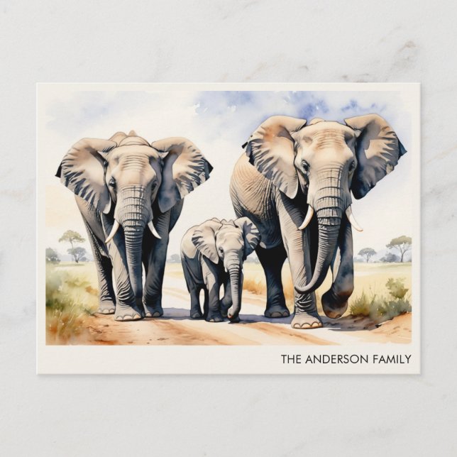 Carte Postale Famille d'éléphants à l'aquarelle avec nom personn (Devant)