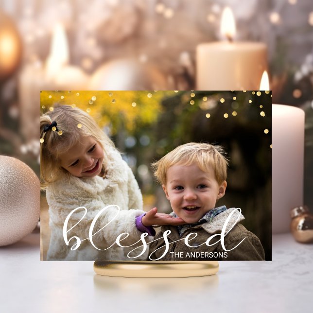 Carte Postale Famille d'or moderne BÉNÉFICIÉ de Noël Photo (Modern Gold Family BLESSED Christmas Photo Postcard)