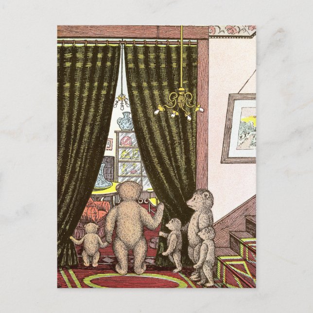 Carte Postale Famille d'ours en peluche au pied des escaliers (Devant)