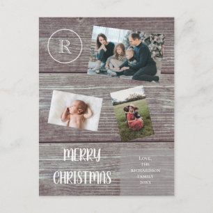 Carte Postale Famille Faux Dark Wood Photo Monogramme