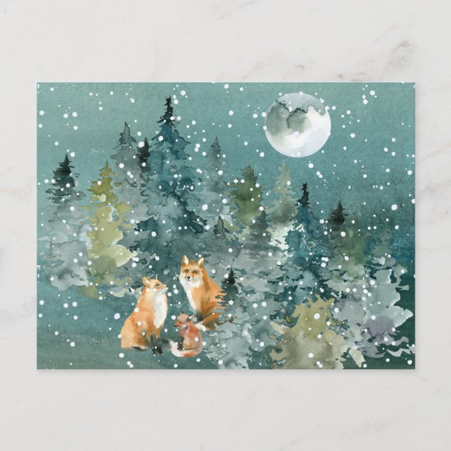 Carte Postale Famille Fox en forêt Pleine lune neige (Devant)