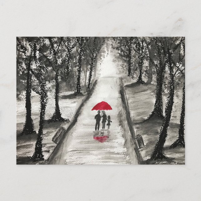 Carte Postale Famille Parapluie rouge rustique noir et blanc (Devant)