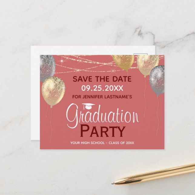 Carte Postale Fancy Graduation Party Enregistrer la date Invitat (Devant/Arrière en situation)