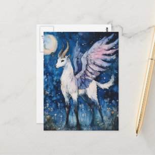 Carte Postale Fantaisie de chèvre ailée adorable pleine lune
