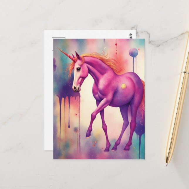 Carte Postale Fantaisie de licorne violette adorable (Devant/Arrière en situation)