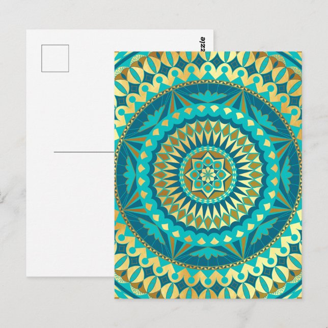 Carte Postale Fantaisie Mandala Bleu Or (Devant / Derrière)