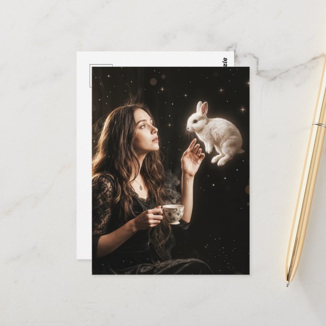 Carte Postale Fantasy Art Surreal Tea Time With White Rabbit  (Devant/Arrière en situation)