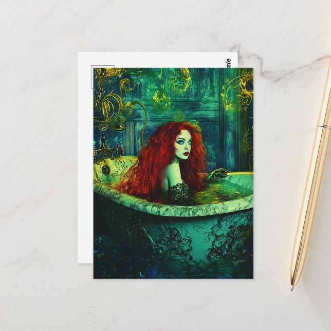Carte Postale Fantasy Beautiful Woman with Red Hair in a Tub  (Devant/Arrière en situation)