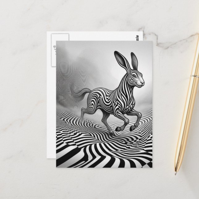 Carte Postale Fantasy Rabbit Horse Critter Black an White Op art (Devant/Arrière en situation)