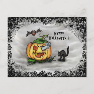 Carte Postale Fantôme, Chat, Chat et Citrouille, Bonne Halloween