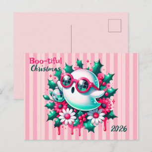Carte Postale Fantôme de boule disco florale rose Noël