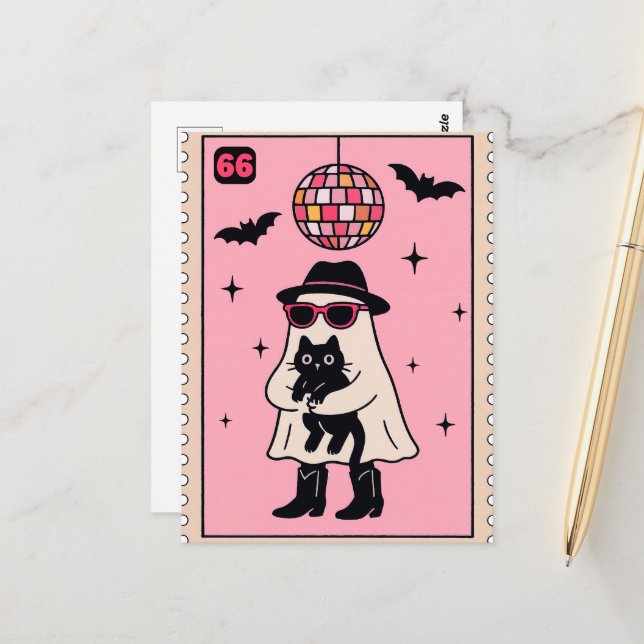 Carte Postale Fantôme Disco Rétro avec Stand Halloween Chat Noir (Devant/Arrière en situation)