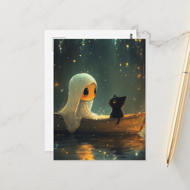 Carte Postale Fantôme et chat dans un bateau (Devant/Arrière en situation)