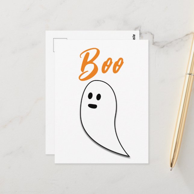 Carte Postale Fantôme Halloween noir blanc orange boo (Devant/Arrière en situation)