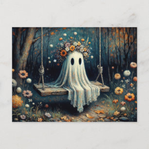 Carte Postale Fantôme mignon Whimsical avec couronne florale sur