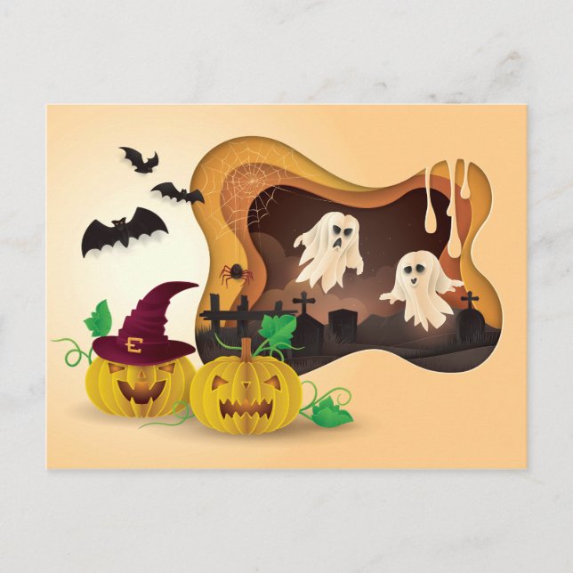Carte Postale Fantômes de cimetière en découpage de Halloween (Devant)