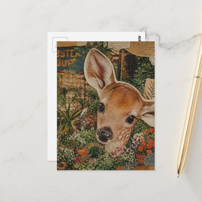Carte Postale Faon dans le collage de jardin (Devant/Arrière en situation)