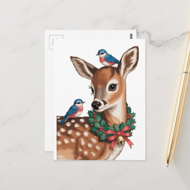 Carte Postale Faon de Noël Rétro Adorable (Devant/Arrière en situation)